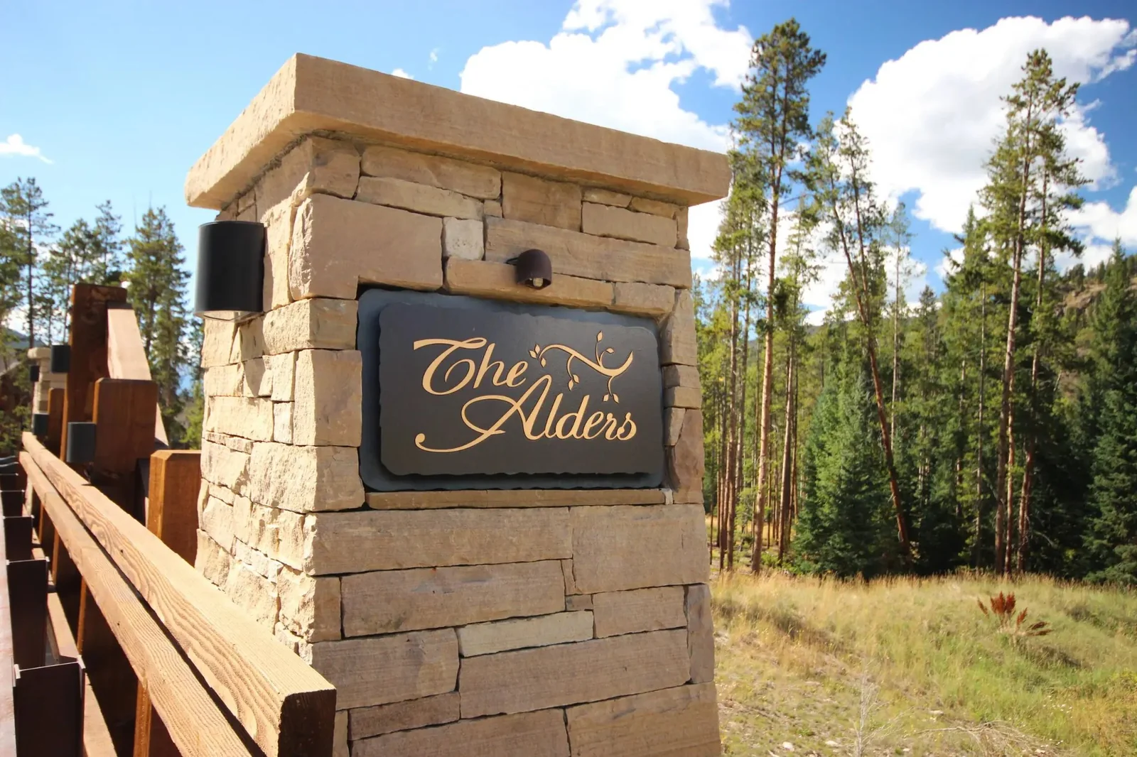 The Alders, the home community stone sign in Keystone, luxury vacation rental in Keystone, Colorado