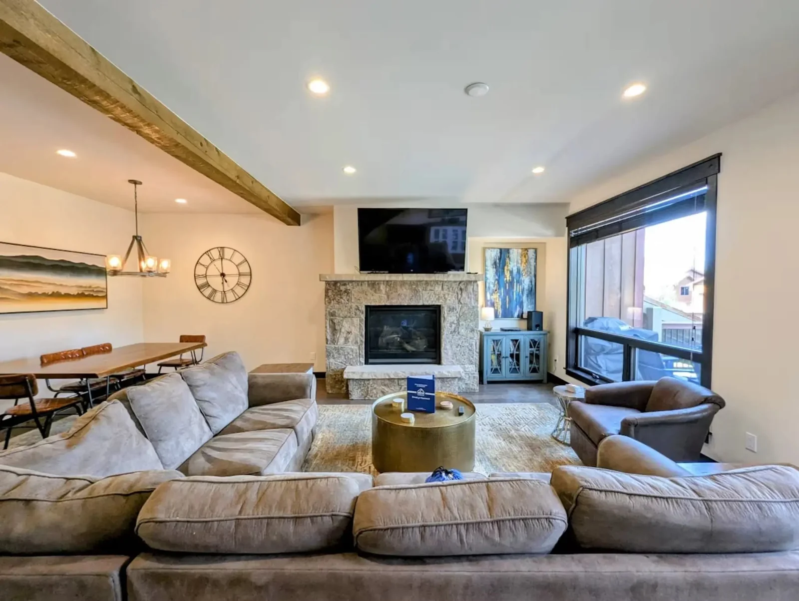 The Alders, Stone fireplace and luxury living room seating, luxury vacation rental in Keystone, Colorado