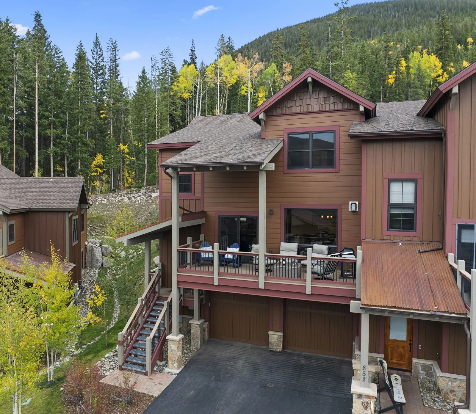 The Alders, Elevated view of the home townhome among pine trees, luxury vacation rental in Keystone, Colorado