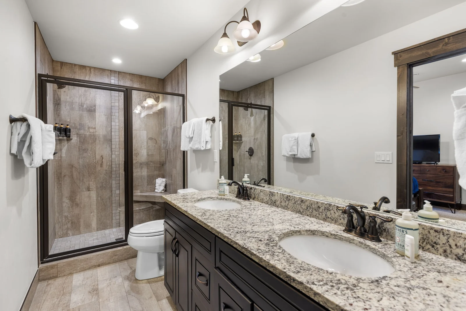 The Alders, Double-vanity bathroom with glass shower, luxury vacation rental in Keystone, Colorado