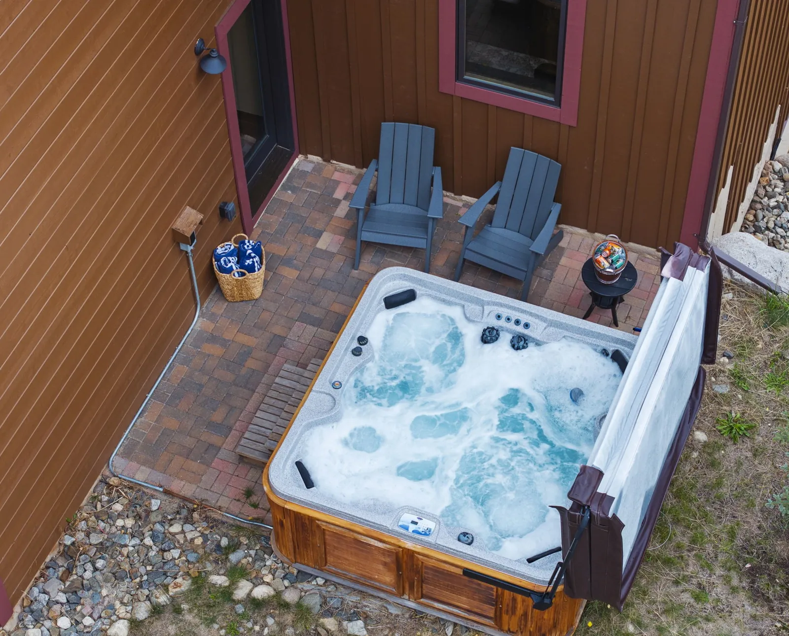 The Alders, Aerial view of private hot tub on the home deck, luxury vacation rental in Keystone, Colorado