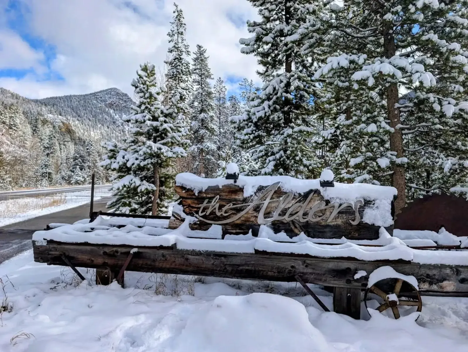 The Alders, the home sign after a Keystone snowfall, luxury vacation rental in Keystone, Colorado
